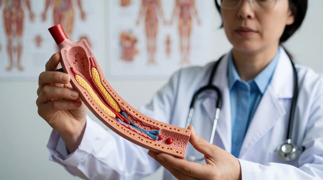 Doctor holds anatomical model of artery showing cholesterol plaque buildup. Medical pro explains atherosclerosis, blood vessel blockage in clinic. Healthcare specialist demonstrates vascular disease,