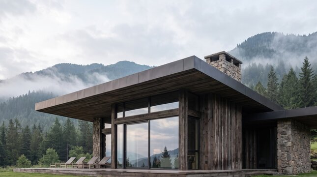 Modern wooden mountain cabin with stone chimney and terrace