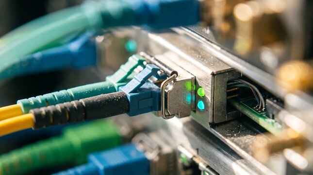 Colorful optical fiber patch cables connected to high speed network switch port in modern server rack