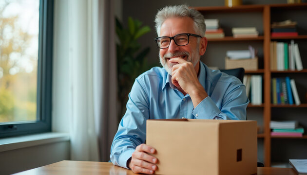 Smiling elderly man with grey hair and glasses sitting at table, thoughtfully looking at box beside him. Elderly man's expression shows anticipation and joy, creating warm atmosphere around him.