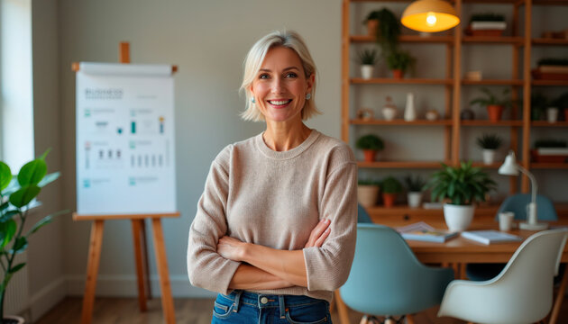 Professional woman smiling with crossed arms in modern office space, featuring presentation board and stylish decor. Professional woman radiates confidence in a creative workspace,
