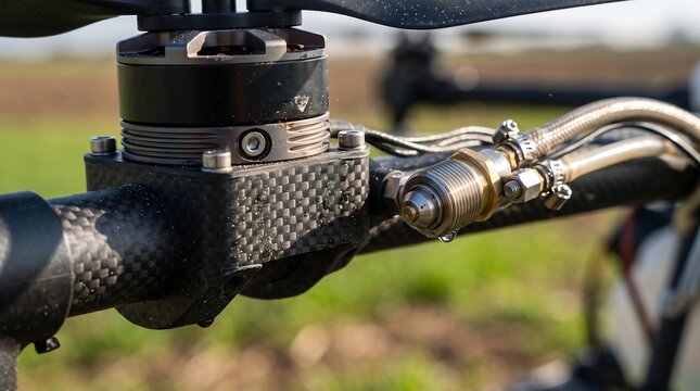 Macro close up of agricultural drone spraying nozzle and brushless motor on carbon fiber arm