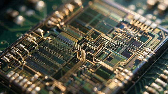 Detailed macro view of electronic silicon microprocessor chip die with complex microcircuit pathways