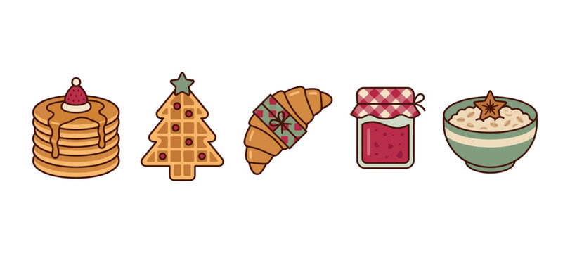 Festive breakfast foods illustration with a white background and line details