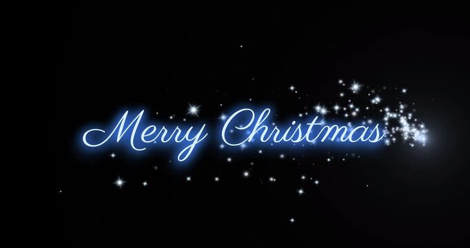 Merry Christmas neon glow title animation with flying magic sparkle trail, glowing blue script text, and holiday particle dust on black background