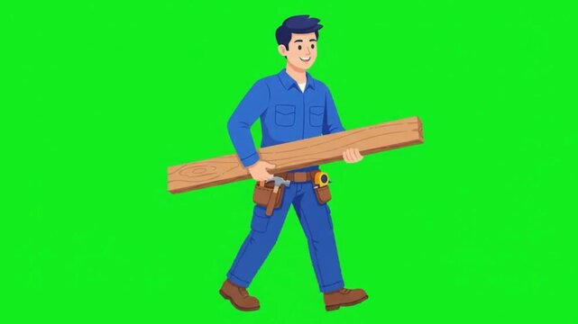 Man carrying wood on green screen background with flat vector style