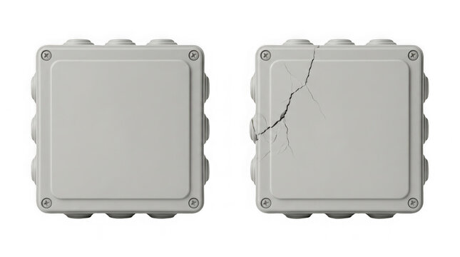 Industrial plastic junction box with crack damage for electrical wiring system.