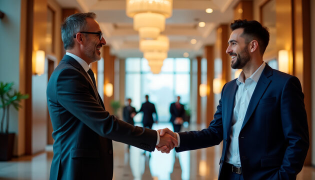 Business professionals shaking hands in modern office lobby with warm lighting. Smiling men engage in handshake demonstrating successful partnership. Concept business meeting and networking.