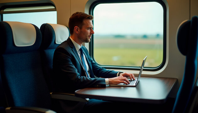 Professional man working on laptop in train carriage while traveling through scenic landscape. Professional man in suit typing on laptop enjoys productivity during train journey,