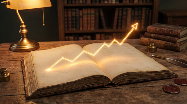 Glowing line graph on open antique book vintage library setting for growth trends.