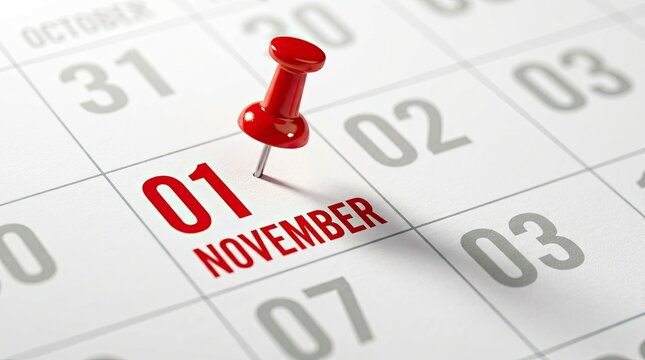 Red pushpin marking first day of november on calendar page with pushpin monthly date calendar highlights first bright date grid organization with appointment, stationery, schedule, planning, daylight