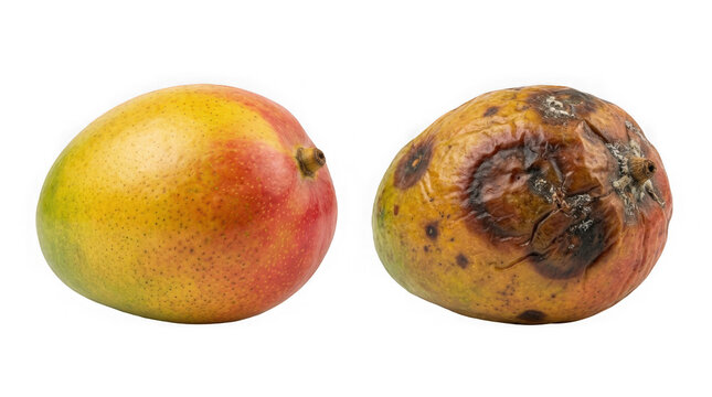 Ripe mango fruit compared with decaying moldy mango on transparent backdrop.