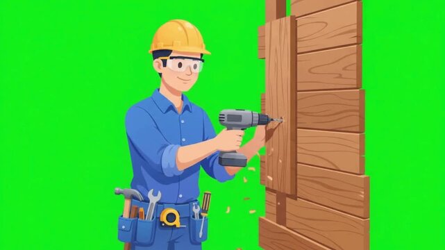 Handyman drills wood on green screen background with flat vector style
