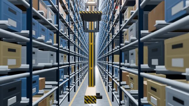 High bay warehouse aisle where a stacker crane stores and retrieves totes in tall racking, seamless loop