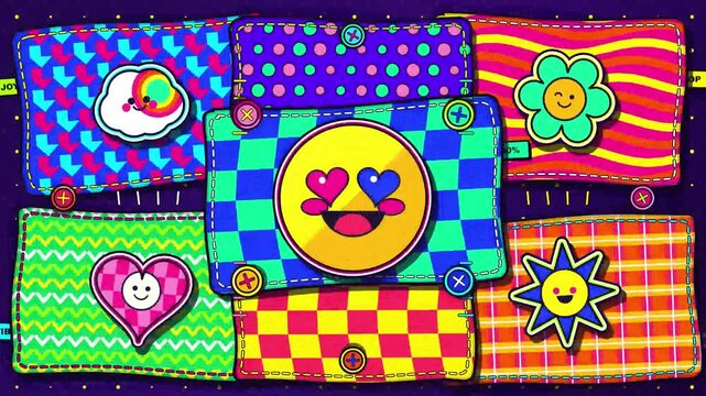 Vibrant patchwork pattern with expressive emoticons for all the feels