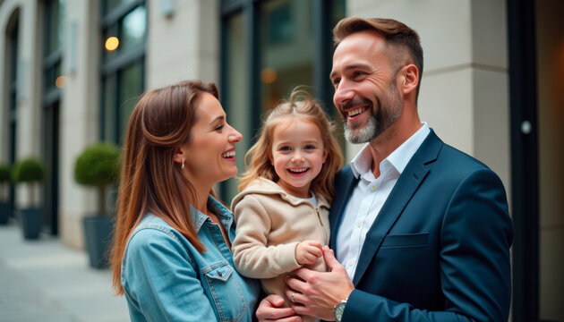 Happy family moments with smiling parents and daughter in city street. Family enjoys quality time together, celebrating joy and togetherness in urban environment. Concept of family love and happiness.