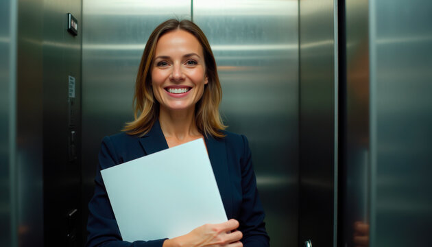 Confident businesswoman smiling in elevator with documents. Professional woman exudes positivity holding a folder, dressed in a stylish suit, in a modern elevator. Perfect for corporate image needs.