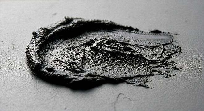 Dark charcoal clay cosmetic face mask swatch texture macro on grey background. Black mud mask smear stroke skincare backdrop