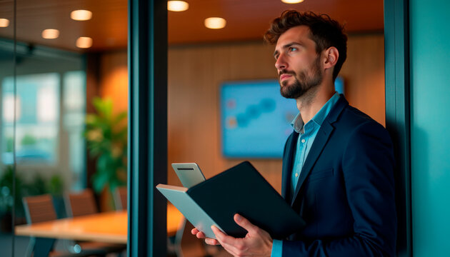 Professional man holding laptop and documents in modern office environment, contemplating next steps while standing by glass door. Business concept focused on communication and teamwork in workspace.