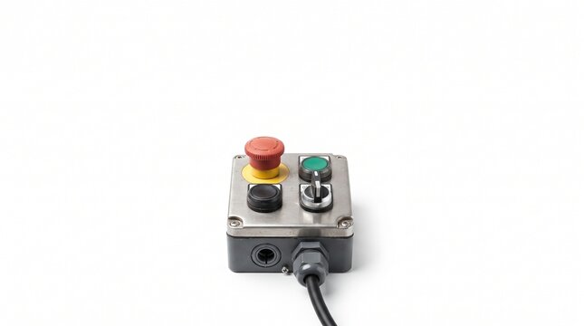 Industrial Control Panel with Emergency Stop Button and Selector Switch on White Background