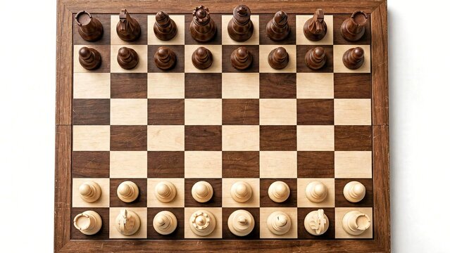Top view of wooden chess board with chess pieces in starting position on white background
