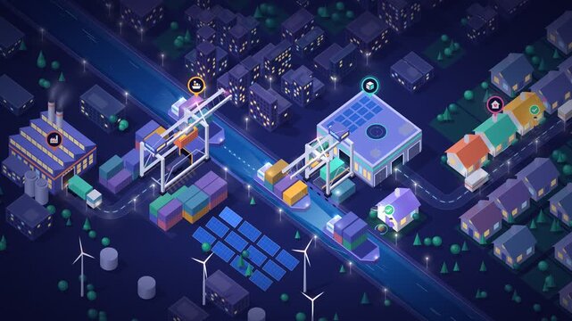 Isometric supply chain animation showing cargo transport from factory to customer with seamless loop