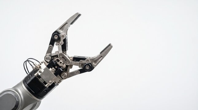 Advanced robotic arm gripper with metallic fingers and intricate mechanical joints against a clean white background