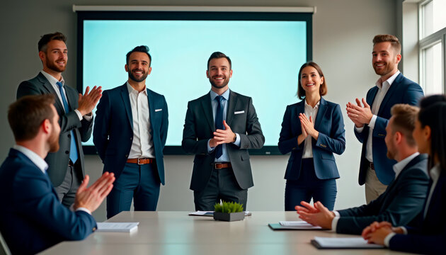 Successful business meeting with team celebrating professional presentation. Business meeting includes smiling colleagues in suits, engaging atmosphere, and positive energy.