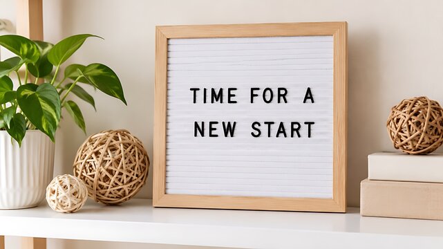 Time for a new start motivational quote text on letter board display in modern room interior