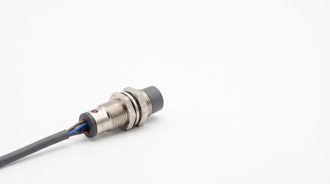Proximity Sensor with Wires on White Background Industrial Electronic Component