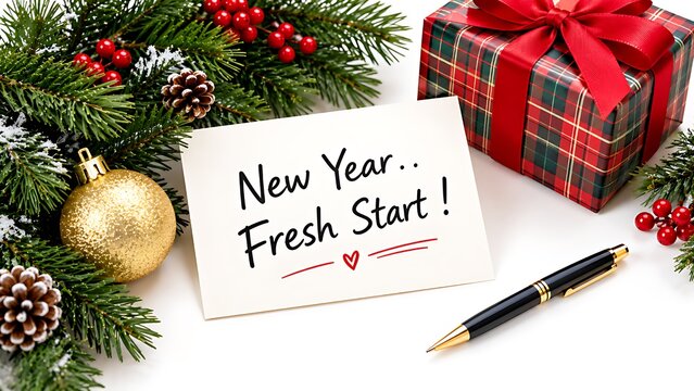 new year fresh start handwriting card with checkered gift box and pine garland