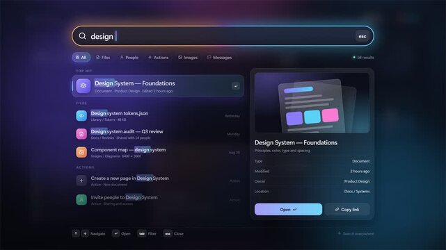Fullscreen Search Window Opening from Dashboard UI Typing Query Live Results 4K Seamless Loop