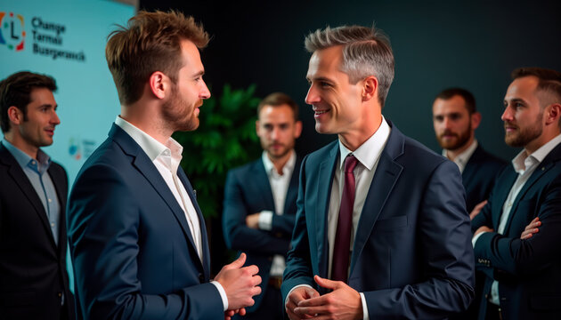Professional business meeting with two men discussing ideas and concepts, surrounded by colleagues in suits. Engaging business meeting atmosphere fosters collaboration among team members.