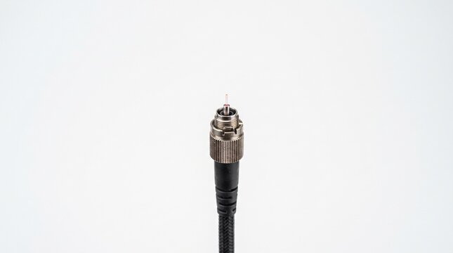 Close up of a single fiber optic connector with a polished end on a white background