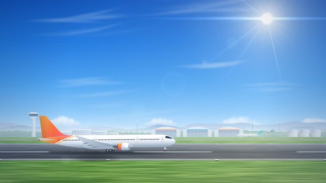 Commercial airplane takeoff on airport runway against clear blue sky in seamless 4k loop animation
