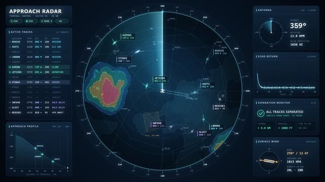 Air traffic control radar screen animation with rotating sweep beam flight tracks weather and conflict alert