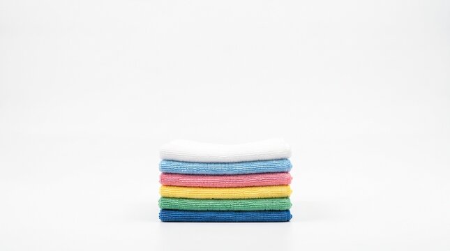 Stack of colorful microfiber cleaning cloths neatly folded on a white background