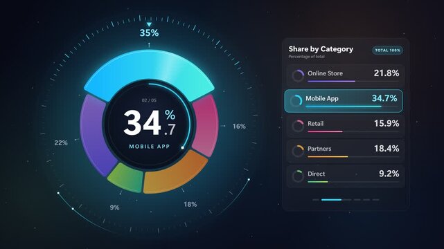 Neon Donut Chart Percentage Counter Rotating Segments Seamless Loop Animation