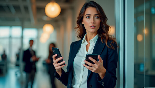 Businesswoman holding two smartphones in modern office environment with people in background. Businesswoman shows multitasking ability with devices in corporate setting.