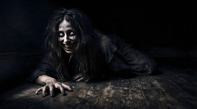 A terrifying possessed woman with glowing eyes and a wide sinister grin crawling across a dark wooden floor in a gloomy, abandoned room. Perfect for horror themes, supernatural storytelling, Hallow...