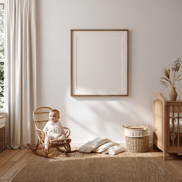 Cozy nursery room interior featuring a single blank poster frame, cute decor, soft colors and natural light.
