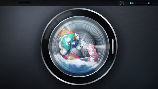 Modern washing machine drum spinning with colorful clothes and detergent bubbles loop