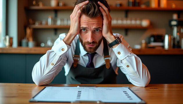 Frustrated restaurant manager looking at menu with hands on head in modern cafe environment. Restaurant manager experiences stress while reviewing menu options on busy day at work.