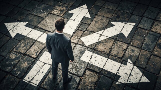 Businessman stands on stone pavement facing four large white arrows pointing in different directions. Man faces difficult choice, career crossroads. Uncertain person needs to decide right path for