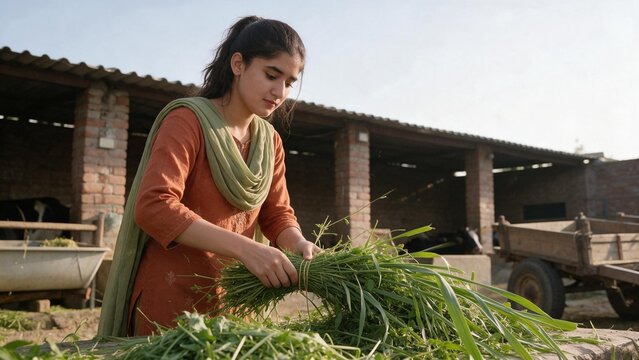 South Asian Woman Preparing Fresh Green Fodder for Cattle on a Rural Farm