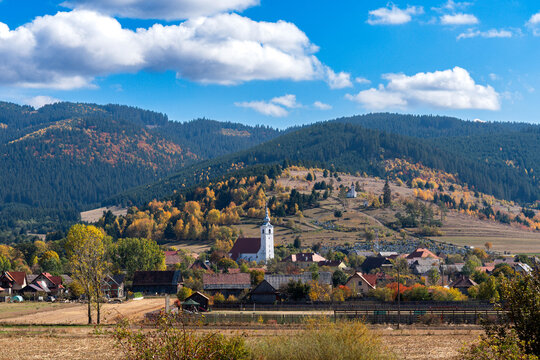 Autumn view of the village of Csikszentgyorgy in jungarian, Ciucsangeorgiu in romanian.