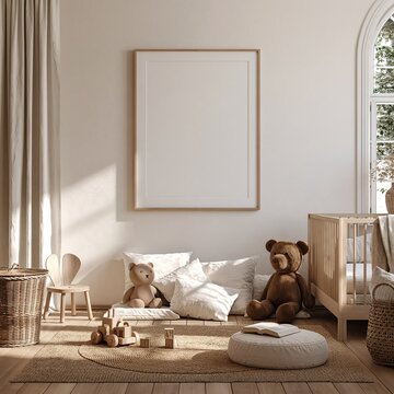 Cozy nursery room interior featuring a single blank poster frame, cute decor, soft colors and natural light.