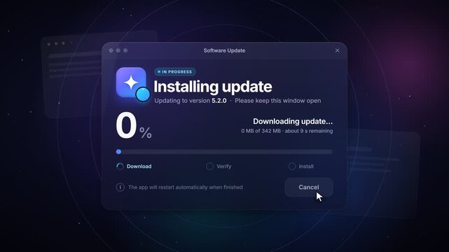 Dark glass software update available window with mouse cursor clicking install loop