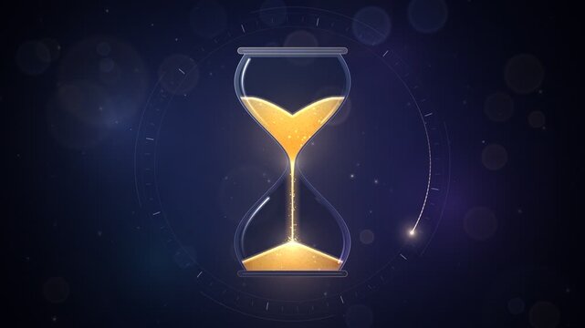 Golden glowing sand hourglass flowing and flipping over seamless loop time passing concept animation