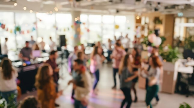 Office party celebration background photo with blurred people dancing and socializing in a modern corporate workspace, festive atmosphere with bokeh lights and event decorations